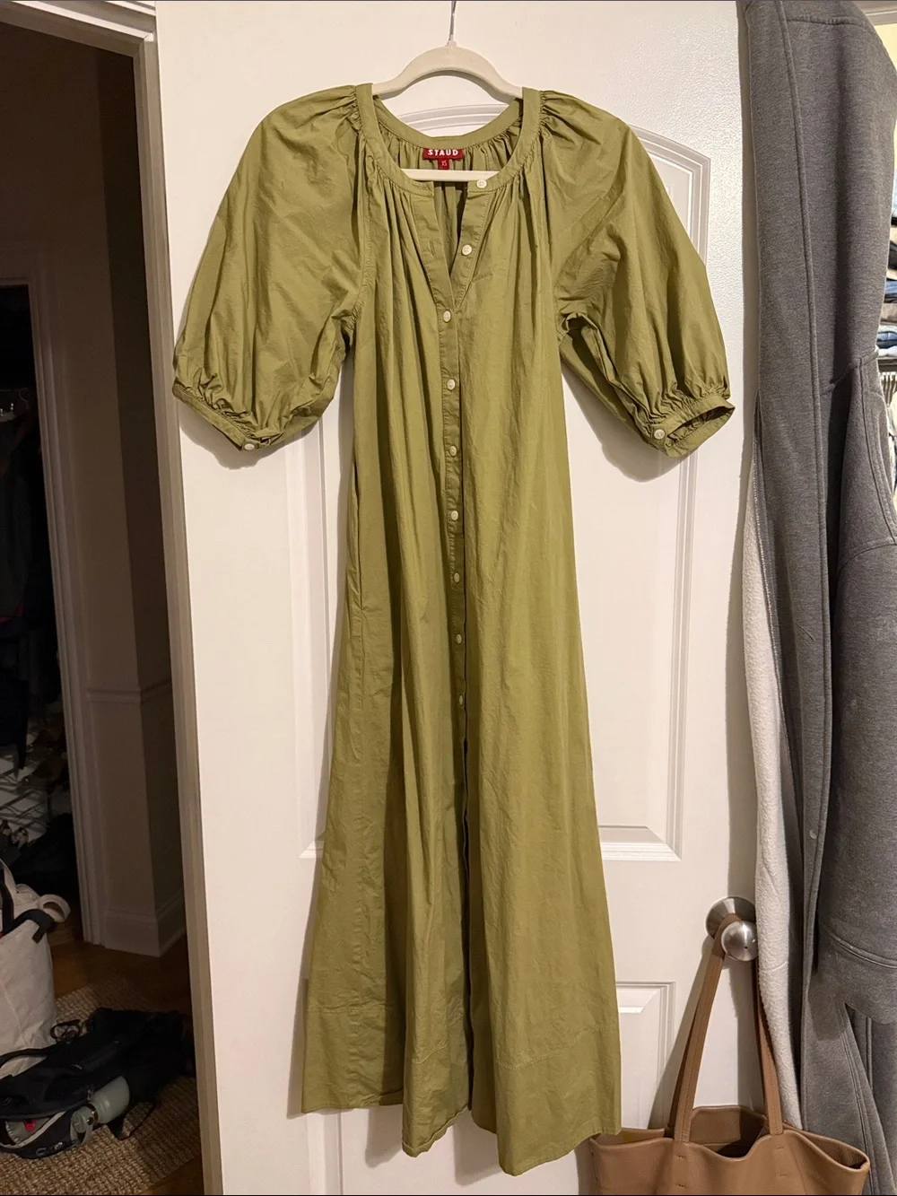 Staud Khaki Vincent Puff-Sleeve Button-Front Women’s Dress - Picture 4 of 6